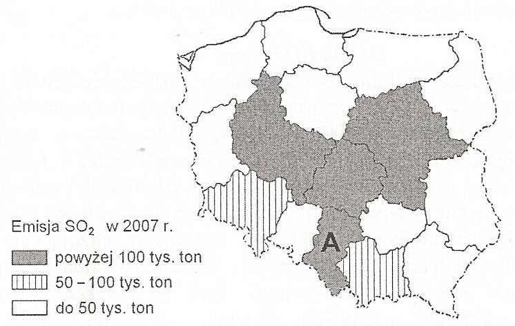 Zadanie 16. (0 2) Na mapie przedstawiono wielkość emisji SO2 w 2007 r. z zakładów szczególnie uciążliwych.