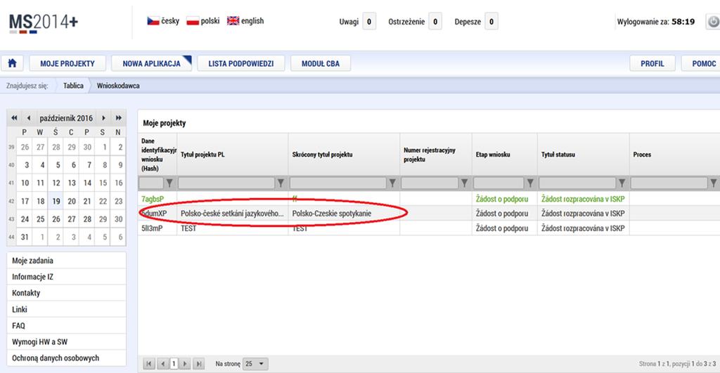 2. Następnie pokazuje się lista z Państwa projektami. Jeżeli realizują Państwo jeden projekt wówczas pojawi się jedna pozycja.