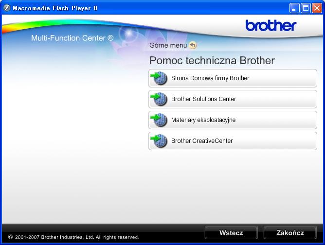 Informacje ogólne Dostęp do pomocy technicznej Brother (Windows ) 1 Wszystkie wymagane informacje kontaktowe, takie jak pomoc techniczna przez Internet (Brother Solutions Center), można znaleźć na