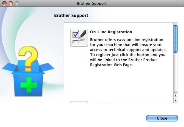 Wyświetlony zostanie poniższy ekran: Dostęp do pomocy technicznej Brother (Macintosh) 1 Wszystkie wymagane informacje kontaktowe, takie jak pomoc techniczna przez Internet (Brother Solutions Center),