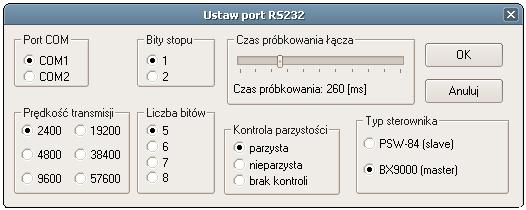 Aby ustawić parametry komunikacji, naleŝy wybrać z menu Ustawienia opcję Ustaw COM.