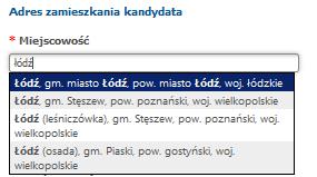 Rekrutacja do szkoły ponadgimnazjalnej. Rejestracja kandydata strona 4 / 13 Adres zamieszkania kandydata. Domyślnie w miejscowości pojawia się miejscowość Toruń.