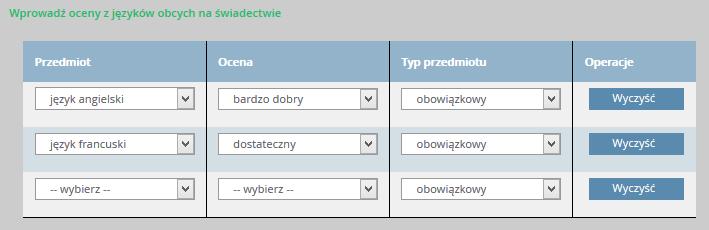 Jeśli przedmiot na świadectwie jest wpisany w części Dodatkowe zajęcia edukacyjne, należy wybrać