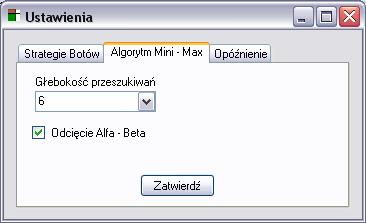 Kiedy komputer wykorzystuje algorytm Mini Max, w prezentowanej na rysunku 7 zakładce istnieje moŝliwość ustawienia głębokości badania drzewa ruchów.