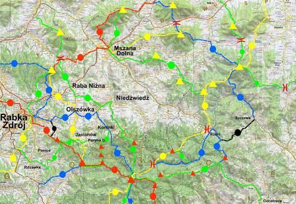 szlak niebieski: Rabka-Zdrój - Olszówka - Poręba Wielka - Polana Hucisko - Czoło Turbacza - Hala Turbacz - Schronisko PTTK na Turbaczu długość trasy 20km, czas wejścia ok. 7.30h, zejścia ok. 5.