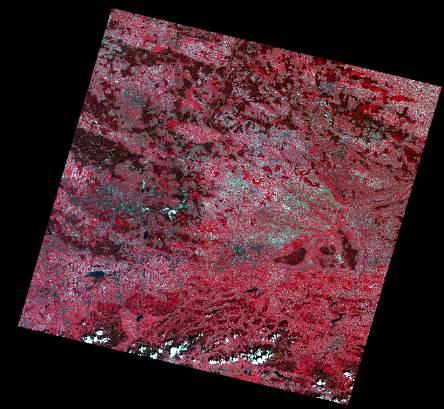 Fig.24. Composition in False Color Composite (FCC); (vegetation is red, water is black, soil is cyan etc.) In the composition, the color depends on the reflection in the given channel.