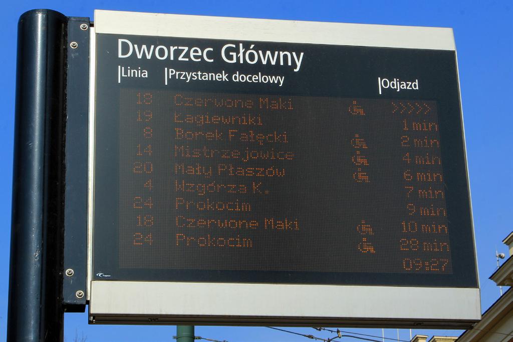 Dynamiczna informacja pasażerska Przystanki Komunikacji Miejskiej w Krakowie wyposażone są w elektroniczne tablice Dynamicznej Informacji Pasażerskiej, prezentujące odjazdy kilku najbliższych kursów