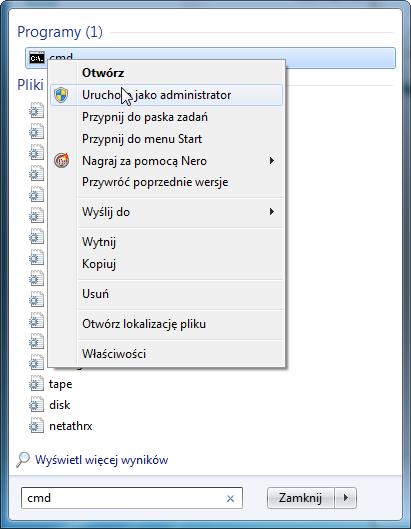 Krok 9 Kliknij Start. W "Wyszukaj programy i pliki" wpisz cmd. Kiedy pojawi się program cmd, kliknij prawym przyciskiem myszy cmd> Uruchom jako administrator.