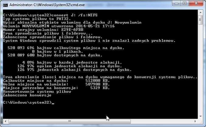 Po skonwertowaniu dysku, w oknie "Administrator: C:\Windows\System32\cmd.