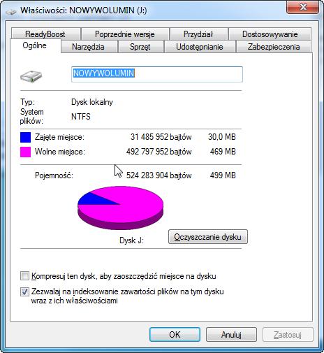 Krok 13 Pojawia się okno "Właściwości Nowy Wolumin (J:)".