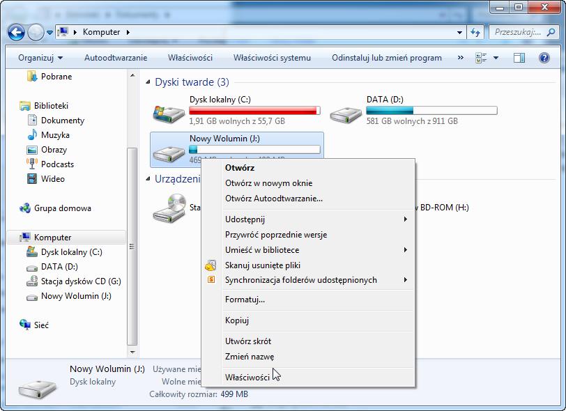 Jak dużo Wolnego miejsca jest pokazane? Kliknij prawym przyciskiem myszy na Nowy Wolumin (J:).