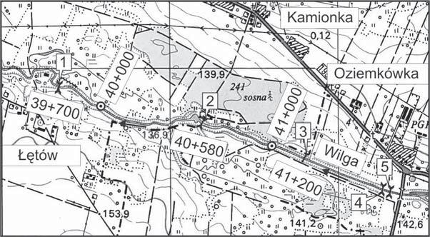 RYSUNEK 1. Lokalizacja obiektów: 1 próg Łętów, 2 próg Kamionka, 3 próg Oziemkówka, 4 przekrój hydrometryczny IMGW, 5 przelew pomiarowy IMGW FIGURE 1.