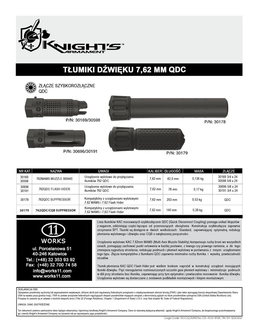 5,56 mm Kompatybilny ze wszystkimi typami szybko -złączy do urządzeń wylotowych 5,56 mm Linia tłumików KAC mocowanych szybkozłączem QDC (Quick Di- Złącze kompatybilne z tłumikami 556 QDC zapewnia