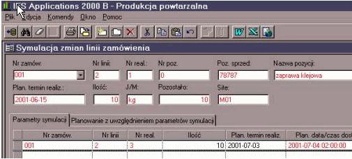 rys.84. Symulacja zmian linii zamówienia/ Parametry symulacji W zakładce musimy podać numer zamówienia. Jeżeli zamówiono pakiet to w polu Nr pozycji musimy podać numer zamówienia. Pole Poz.