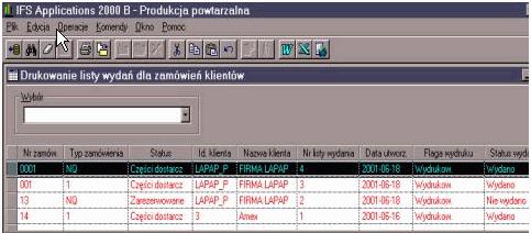 Drukowanie listy wydań Drukowanie listy wydań odbywa się na ekranie Drukowanie listy wydań dla zamówień klientów. Na ekranie widzimy numer zamówienia oraz aktualny status danego zamówienia.