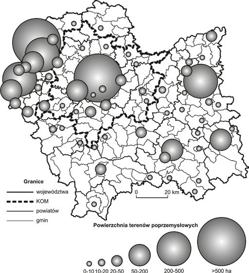 216 Marek Ciechowski Struktura przestrzenna terenów poprzemysłowych w miastach województwa małopolskiego Tereny poprzemysłowe 5 w województwie małopolskim koncentrują się w Małopolsce Zachodniej