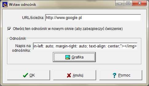 Zamiast linku w postaci tekstu możesz usunąć domyślny tekst kliknij tutaj, a następnie kliknąć w przycisk Grafika (3) i wskazać plik obrazka, który stanie się linkiem do