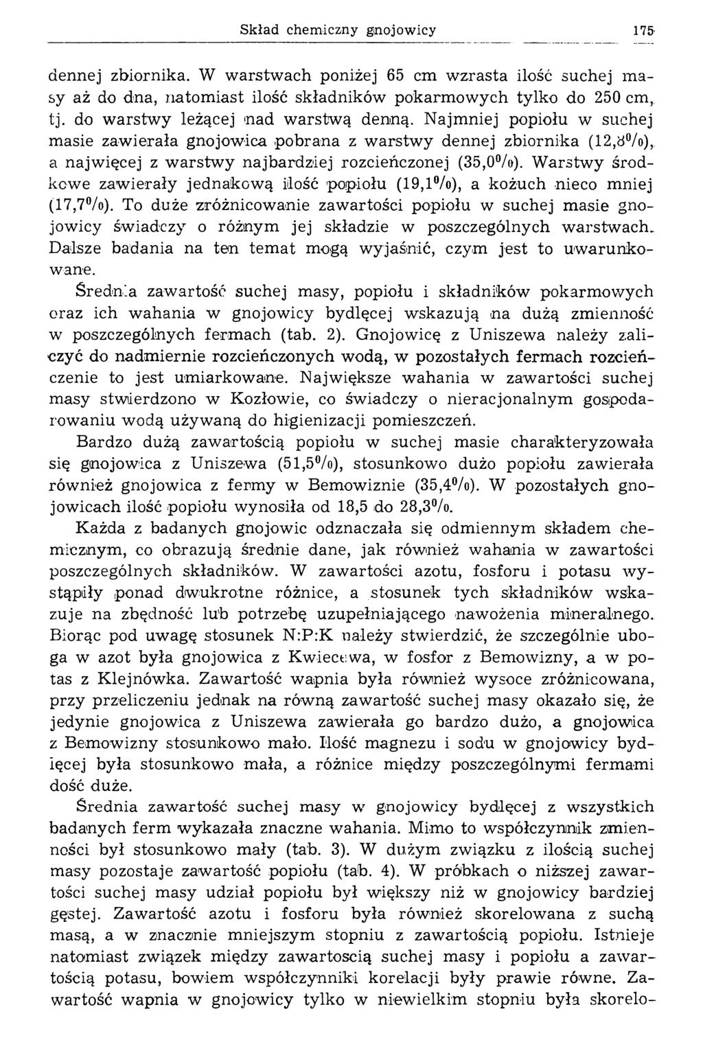Skład chemiczny gnojowicy 175 dennej zbiornika. W warstwach poniżej 65 cm wzrasta ilość suchej masy aż do dna, natomiast ilość składników pokarmowych tylko do 250 cm, tj.