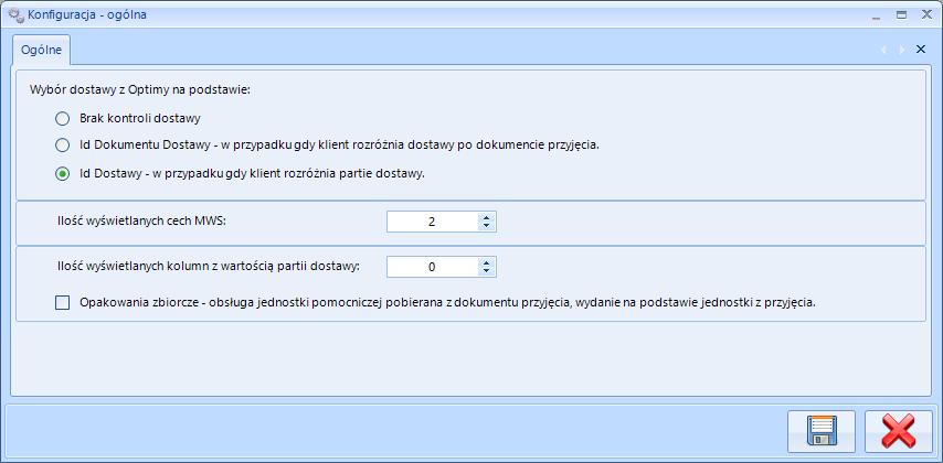 6.2.2. Id Dostawy W przypadku wyboru tego trybu pracy pokażą się następujące opcje: Ilość wyświetlanych kolumn z wartością partii dostawy ilość cech (partii dostawy) z Comarch ERP Optima, które będą