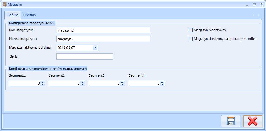 W górnej części okna znajdują się pola tekstowe: Segment 1-4, w których można nazwać poszczególne segmenty lokalizacji (adresów magazynu).