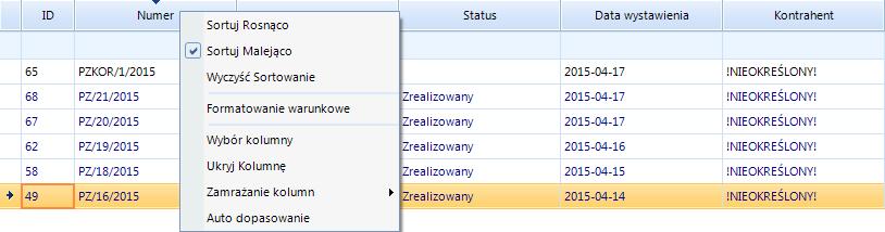 3. Filtrowanie wybranej kolumny Kliknięcie prawym przyciskiem myszy na nagłówek w danej kolumnie spowoduje wyświetlenie funkcji służących do
