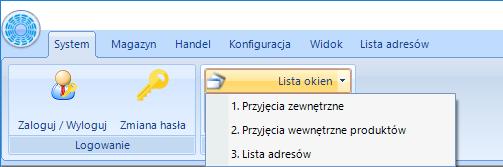 W tym celu należy kliknąć Lista okien w sekcji Widoczne okna: Po wybraniu któregoś okna system