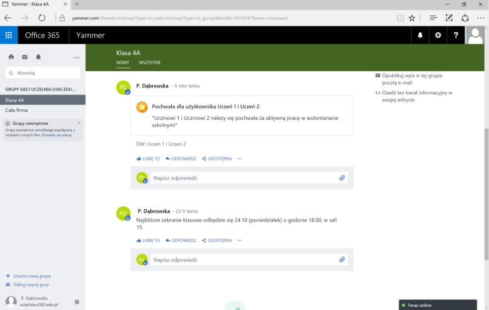 Yammer Wewnętrzny portal społecznościowy, za pomocą którego można przekazywać wszystkie aktualności, a uczniowie i nauczyciele mogą komentować wpisy i