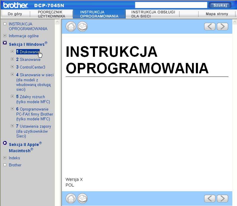 Funkcje oprogramowania i sieci (Tylko DCP-7045N) c Kliknij nagłówek, który chcesz wyświetlić na liście po lewej stronie okna.