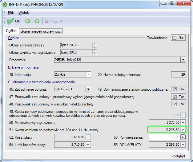 Dofinansowanie do wynagrodzenia pracownika za miesiąc lipiec 2012 wzrośnie do kwoty 2296,80 ( 1276 x 180%=2296,80). Rysunek 2 Dofinansowanie za lipiec 2012 1.2.1 Pracownicy ze schorzeniami Na podstawie art.