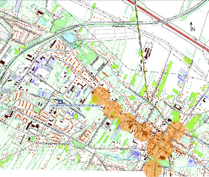 Kumulacja negatywnych czynników technicznych na terenie miasta Jędrzejów (opracowanie własne, podkład: http://geoserwis.gdos.gov.