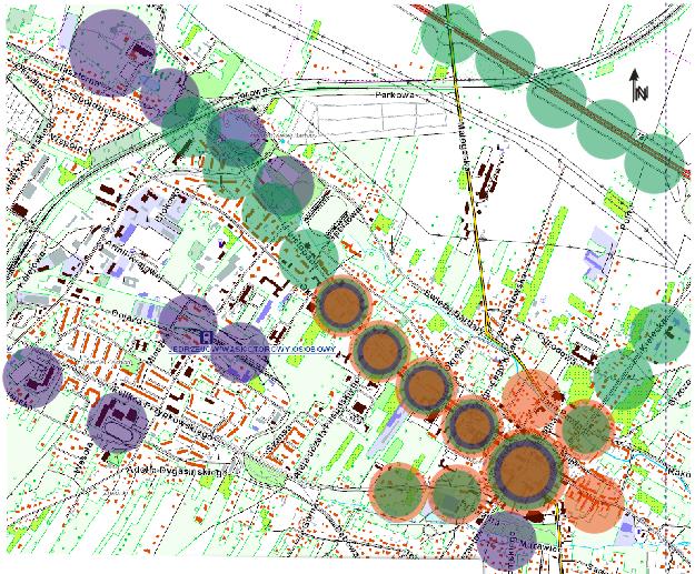 Kumulacja negatywnych czynników na terenie miasta Jędrzejów - delimitacja obszaru zdegradowanego (opracowanie własne, podkład: http://geoserwis.gdos.gov.