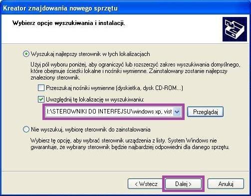 W oknie opcji wyszukiwania sterowników powinna zmienić się ścieżka dostępu do sterowników na tą, która została wybrana w poprzednim kroku.