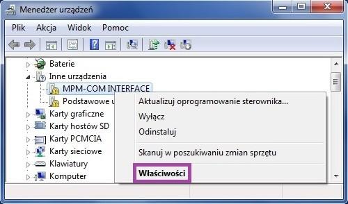 Na podłączonym urządzeniu należy kliknąć prawym przyciskiem myszy i uruchomić Właściwości (klikając