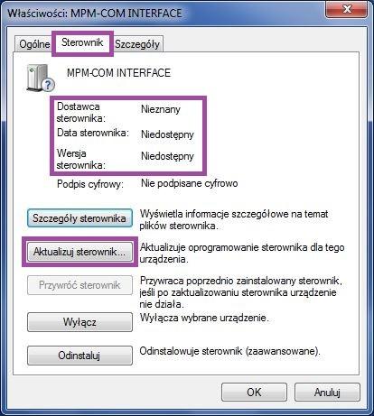 W oknie będzie widoczne ze dostawca sterownika jest nieznany, a wersja i data jest niedostępna.