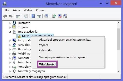 Na podłączonym urządzeniu należy kliknąć prawym przyciskiem myszy i uruchomić Właściwości (klikając