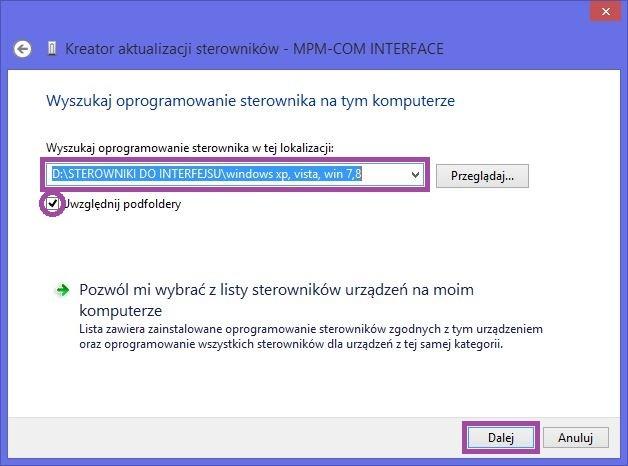 Następnie rozwinąć pole STEROWNIKI DO INTERFEJSU i wybrać folder zgodny z używanym systemem Windows.