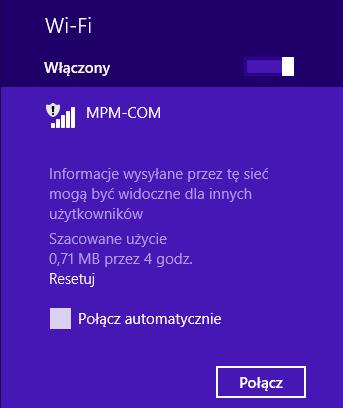 Jeżeli chcemy aby karta sieciowa automatycznie nawiązywała połączenia z interfejsem mpm-com należy zaznaczyć opcje Połącz automatycznie.