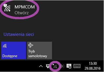 5 6.3 Windows 8 Klikamy na ikonę sieci bezprzewodowych,rozwinie się okno widoczne po prawej.  Zaznaczymy sieć MPM-COM oraz klikamy na przycisk połącz.