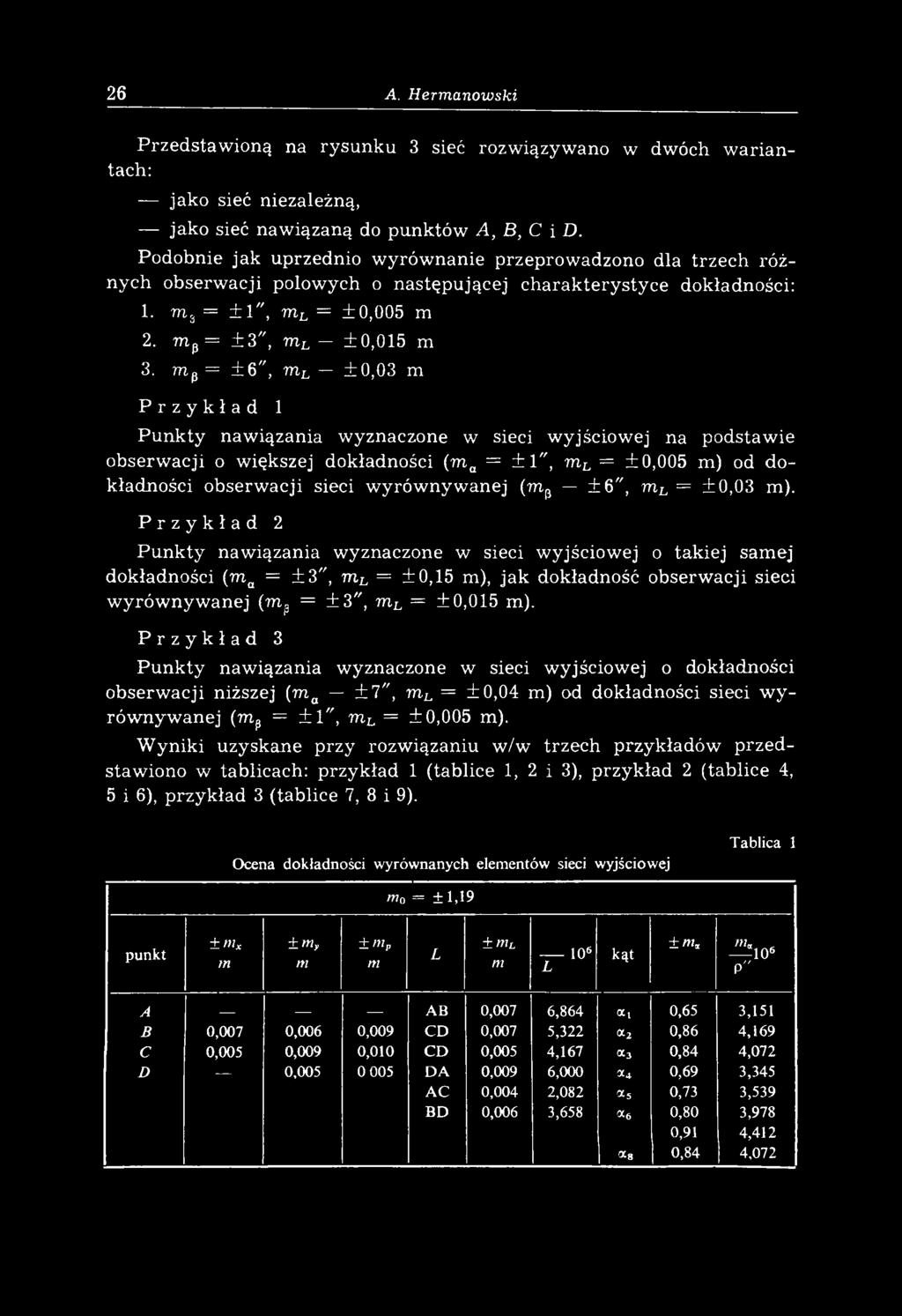 nip = ± 6", L ±0,03 Przykład 1 Punkty nawiązania wyznaczone w sieci wyjściowej na podstaw ie obserwacji o większej dokładności ( a = ± 1", L = ±0,005 ) od dokładności obserwacji sieci w yrów nyw anej