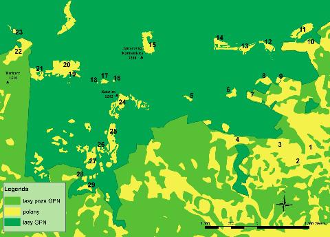 Ryc. 1. Rozk³ad przestrzenny polan reglowych w Gorczañskim Parku Narodowym i otulinie. Numerami zaznaczono lokalizacjê powierzchni próbnych Fig. 1. Spatial distribution of mountains meadows in the Gorce National Park and its buffer zone.