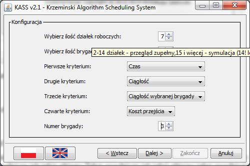 Okno wprowadzania danych oraz doboru kryteriów, KASS v.2.
