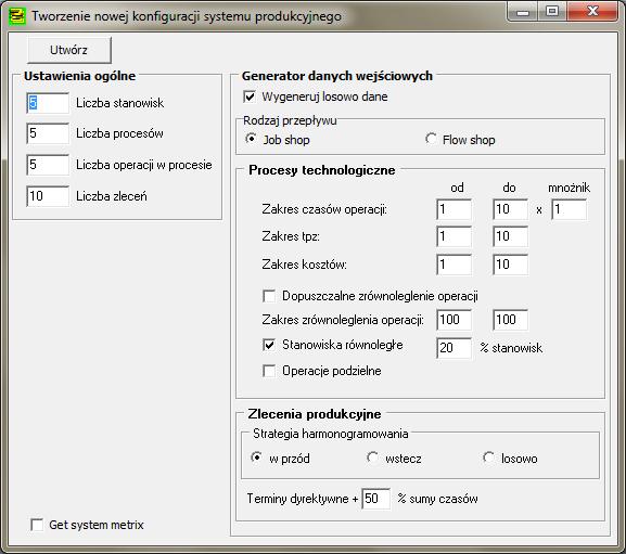 Rys. 2 przedstawia okno wstępnej konfiguracji systemu. Rys. 2. Okno wstępnej konfiguracji systemu Ustawienia ogólne - Ustala się wstępnie liczbę stanowisk, procesów, operacji w procesach, liczbę zleceń oraz rodzaj przepływu procesów.