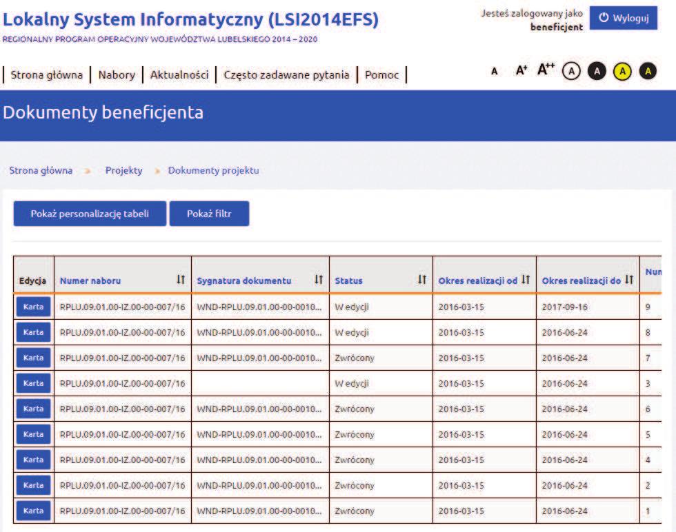 Dokumenty projektu przechowuje wszystkie wersje dokumentów (wniosków o dofinansowanie) jakie zostały utworzone dla pojedynczego projektu; Korespondencja moduł pozwalający na komunikowanie się z