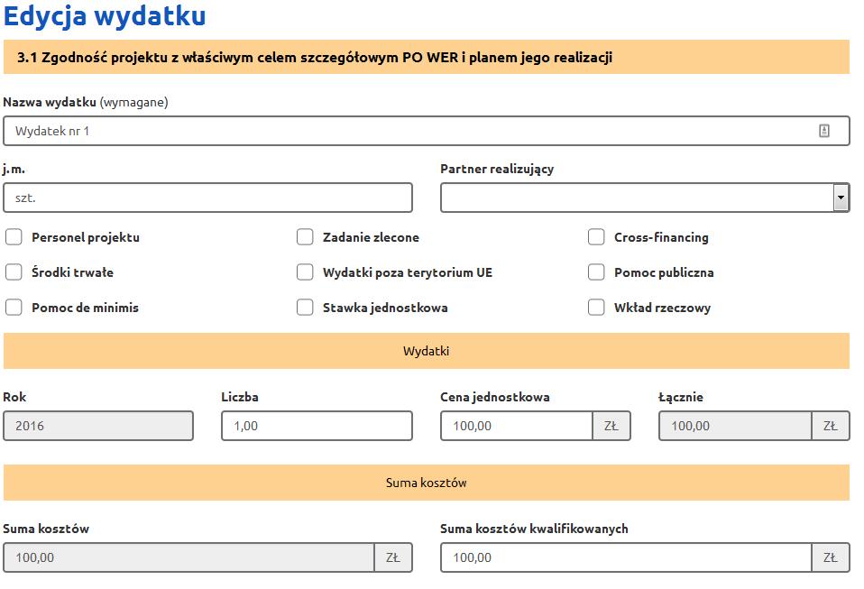 zaznaczone pola edycji wydatku po stronie systemu oraz