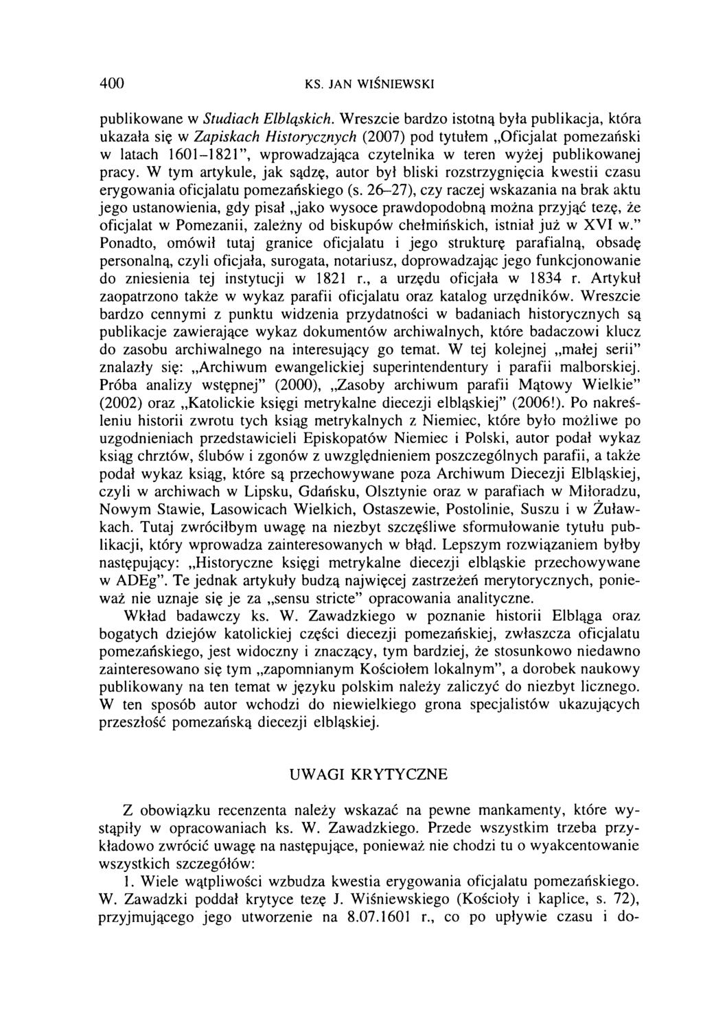 400 KS. JAN WIŚNIEWSKI publikowane w Studiach Elbląskich.