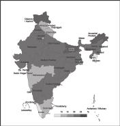 Przestrzenne zróżnicowanie zaludnienia i wybranych struktur ludnościowych Indii... 381 Ryc. 5. Poziom analfabetyzmu u mężczyzn w 2001 r. o 11,8.