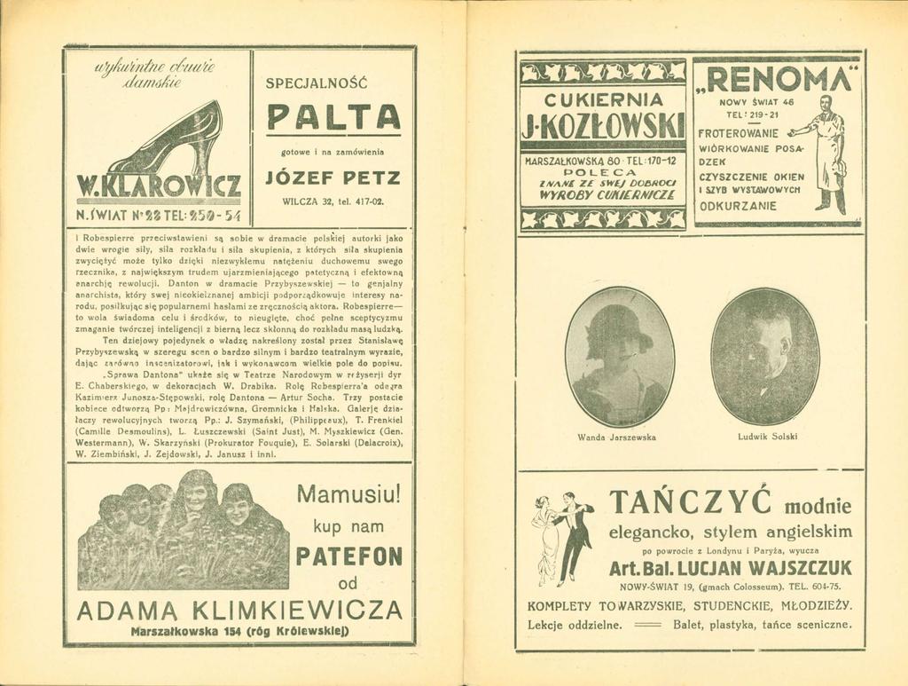 N.rwiAT H'nm-'A5Q-54 SPECJALNOŚĆ PALTA gotowe i na zamówienia JÓZEF PETZ WILCZA 32, tel. 417-02.