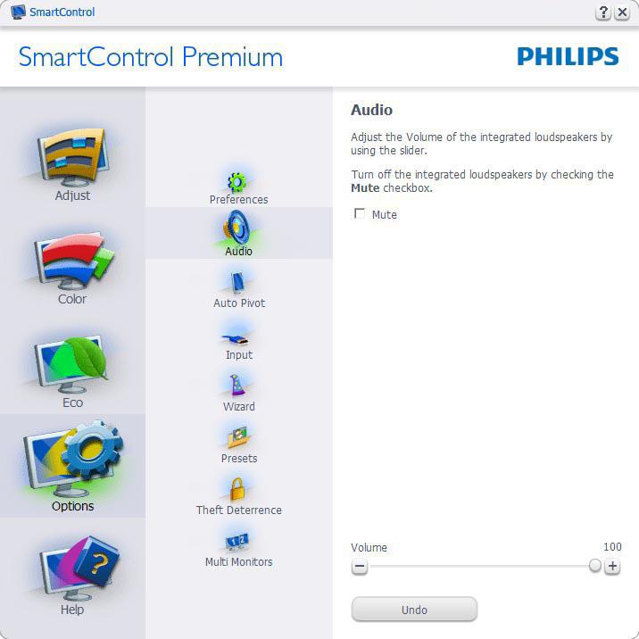 Options (Opcje)>Audio - Zostanie uaktywnione wyłącznie po wybraniu Audio z rozwijanego menu Options (Opcje).