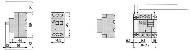 Wymiary, monta GZ1-M GZ1-AN, -AU, -AS Elementy dodatkowe GZ1-AN Elementy dodatkowe GZ1-AU, AS X1 Bezpieczna odleg oêç = 40 mm dla Ue 690 V (1) Maksymalnie Monta GZ1-M Na panelu za poêrednictwem p