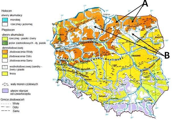1. Zadania 165 Zadania 294. i 295. rozwiąż na podstawie barwnego materiału źródłowego. Na mapie przedstawiono rozmieszczenie utworów czwartorzędowych w Polsce.